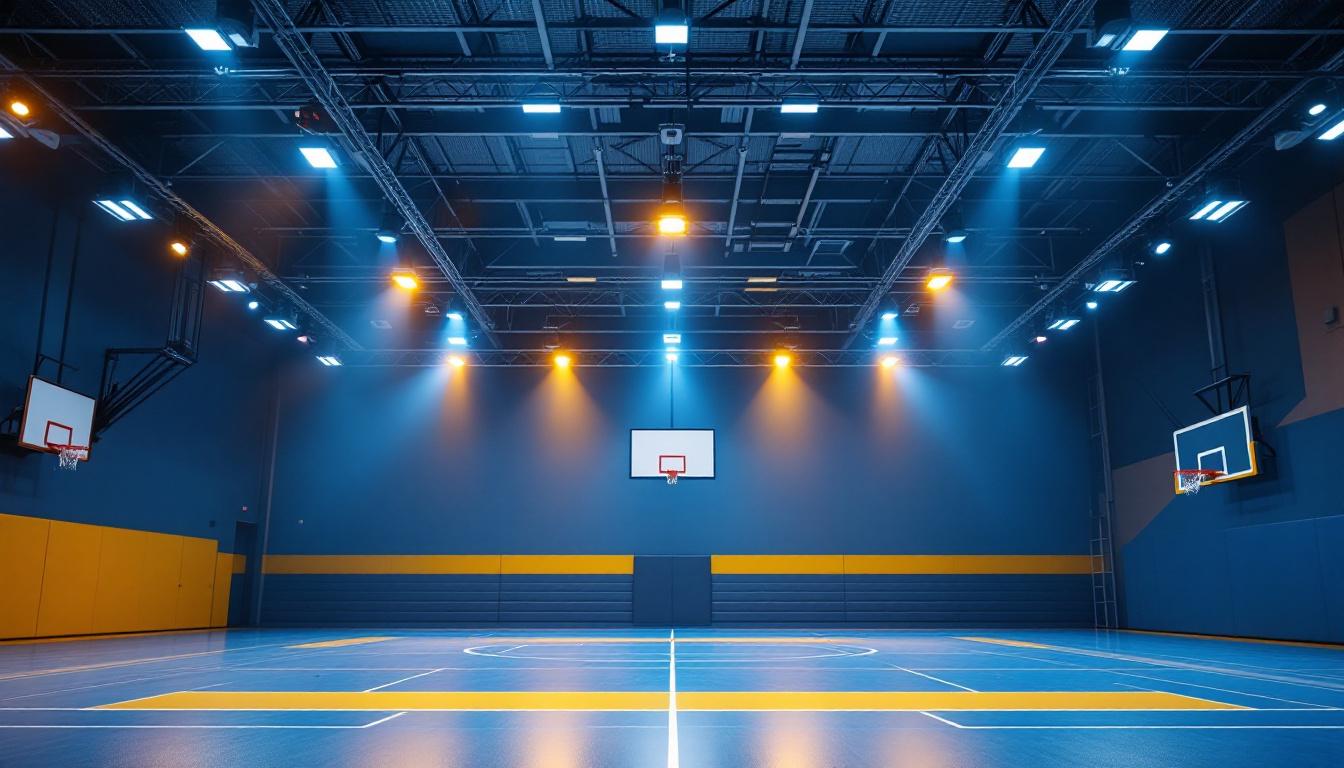 A photograph of a well-lit gymnasium showcasing a variety of modern light fixtures in action