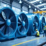 A photograph of a spacious warehouse interior showcasing large industrial fans in action