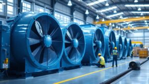 A photograph of a spacious warehouse interior showcasing large industrial fans in action