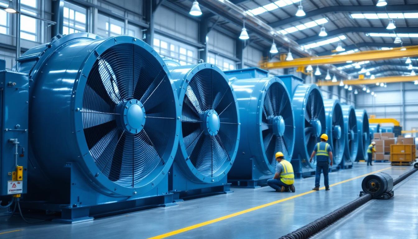 A photograph of a spacious warehouse interior showcasing large industrial fans in action