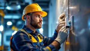 A photograph of a lighting contractor inspecting an emergency outlet installation in a commercial setting