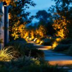 A photograph of a beautifully illuminated outdoor space featuring spot lamps in action