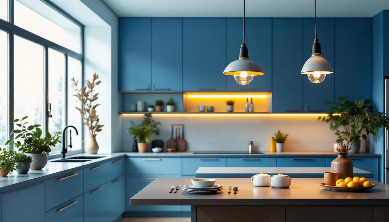 A photograph of a beautifully designed kitchen featuring stylish suspended lighting fixtures that enhance the space's ambiance
