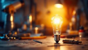 A photograph of a type g 25-watt bulb illuminated in a well-lit workspace
