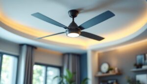 A photograph of a stylish 4-speed ceiling fan installed in a well-lit modern room