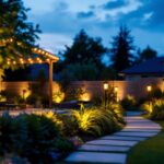 A photograph of a beautifully lit outdoor space featuring stylish plastic outdoor lights in various settings—such as a patio
