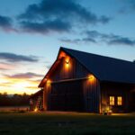 A photograph of a beautifully illuminated outdoor barn at dusk