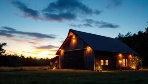A photograph of a beautifully illuminated outdoor barn at dusk