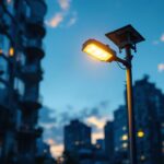 A photograph of a lighting contractor installing a tall lamp post in an urban setting during twilight