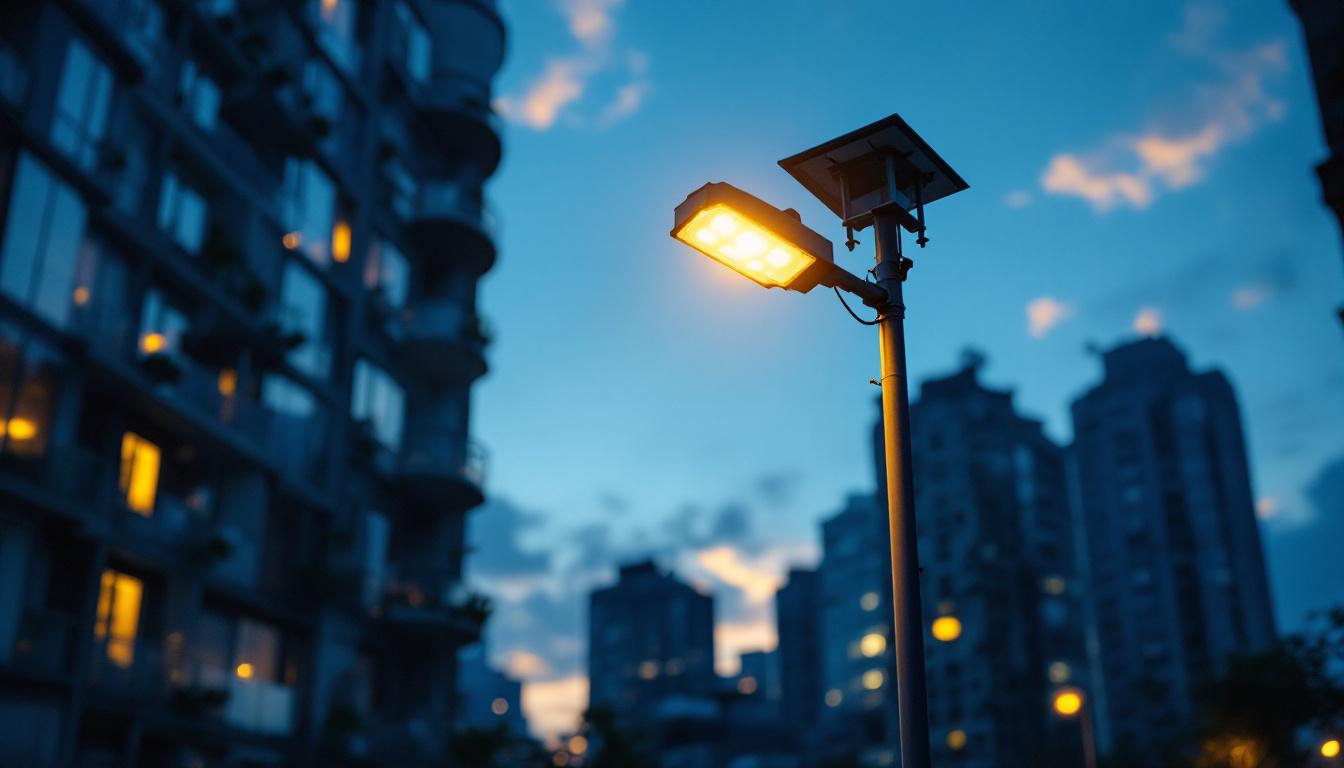 A photograph of a lighting contractor installing a tall lamp post in an urban setting during twilight