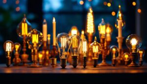 A photograph of a beautifully arranged display of various candelabra bulb types