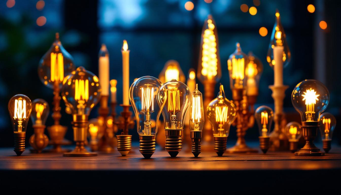 A photograph of a beautifully arranged display of various candelabra bulb types