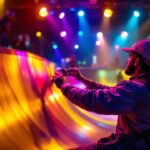 A photograph of a lighting contractor installing or adjusting vibrant skate lights in a dynamic skate park setting