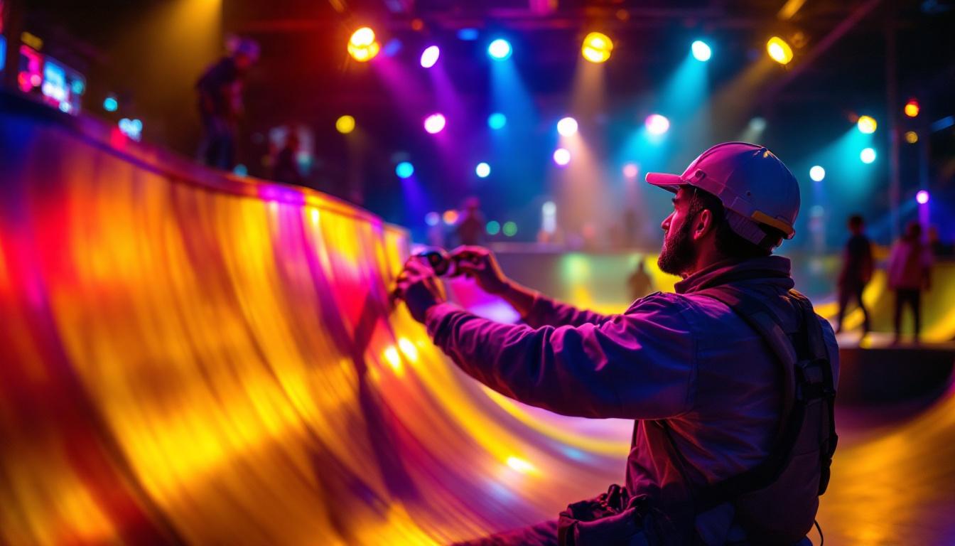 A photograph of a lighting contractor installing or adjusting vibrant skate lights in a dynamic skate park setting