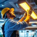 A photograph of a lighting contractor expertly installing wide led fixtures in a modern commercial space