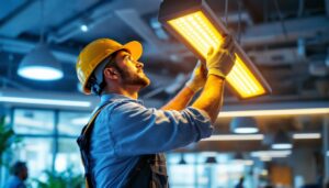 A photograph of a lighting contractor expertly installing wide led fixtures in a modern commercial space