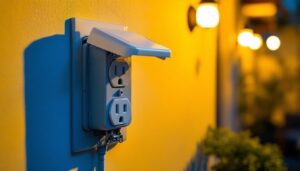 A photograph of a well-installed gfci outdoor outlet with a protective cover