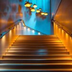 A photograph of a beautifully designed staircase illuminated by stylish overhead lighting fixtures