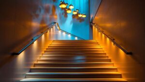 A photograph of a beautifully designed staircase illuminated by stylish overhead lighting fixtures