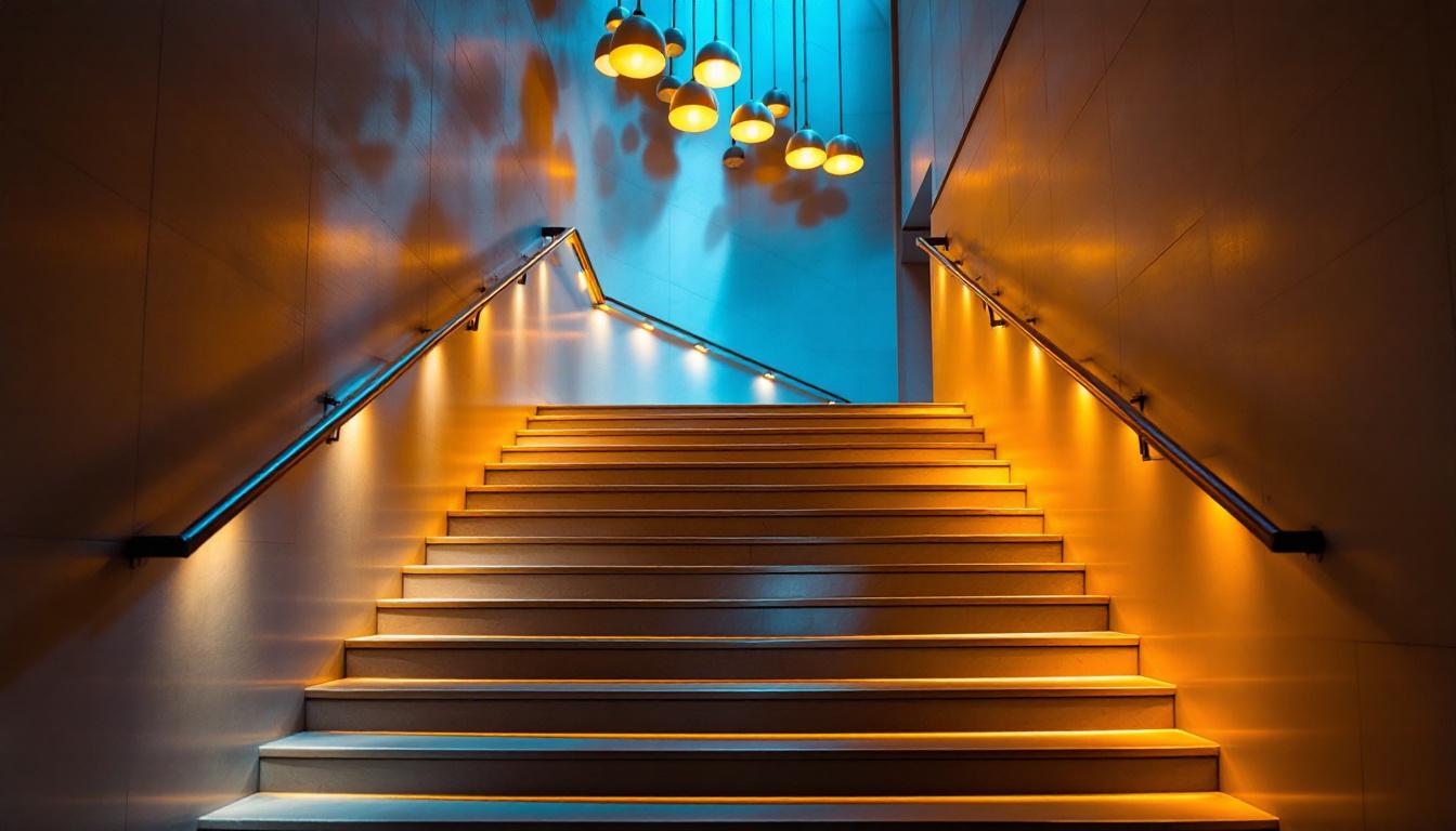 A photograph of a beautifully designed staircase illuminated by stylish overhead lighting fixtures