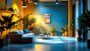 A photograph of a beautifully lit interior space showcasing various lighting solutions