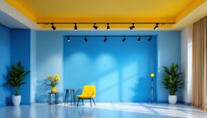 A photograph of a well-designed interior space featuring 8-foot track lighting