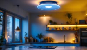 A photograph of a beautifully designed semi-flush kitchen light fixture illuminating a modern kitchen space