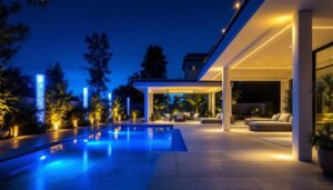 A photograph of a beautifully illuminated outdoor space showcasing intricate lighting designs