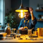 A photograph of a skilled lighting contractor assembling a pendant light using the hardware kit