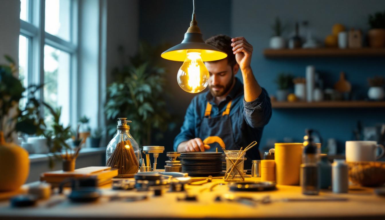 A photograph of a skilled lighting contractor assembling a pendant light using the hardware kit