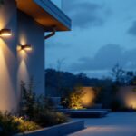 A photograph of a well-lit outdoor space showcasing various rab exterior lighting fixtures in use