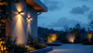 A photograph of a well-lit outdoor space showcasing various rab exterior lighting fixtures in use