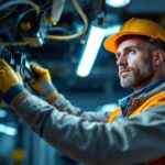 A photograph of a lighting contractor expertly installing a 400w metal halide ballast in a commercial setting