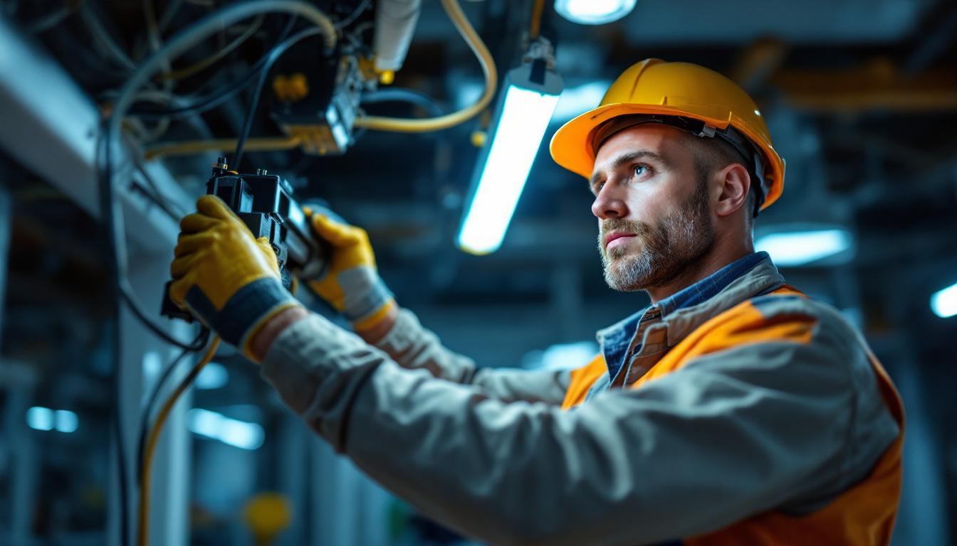 A photograph of a lighting contractor expertly installing a 400w metal halide ballast in a commercial setting