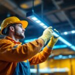 A photograph of capture a photograph of a lighting contractor installing vibrant 32 ft led lights in a commercial space