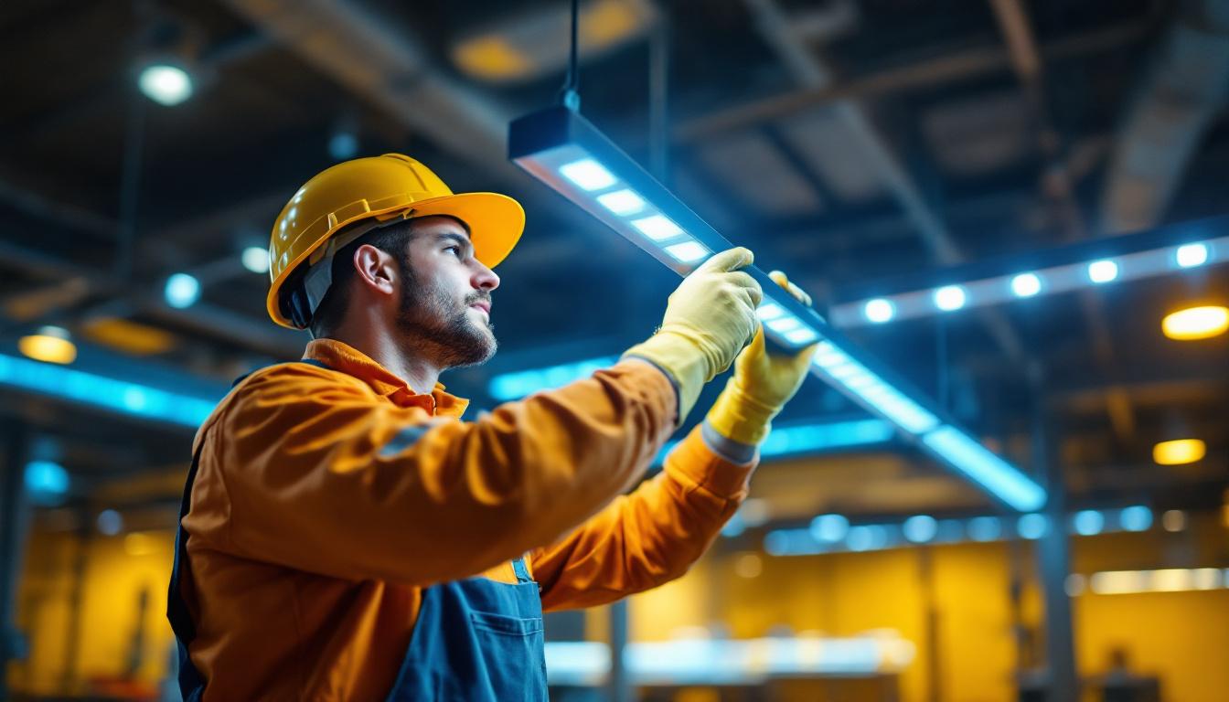 A photograph of capture a photograph of a lighting contractor installing vibrant 32 ft led lights in a commercial space