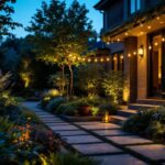 A photograph of a skilled lighting contractor installing stylish outdoor lighting fixtures in a beautifully landscaped garden during twilight