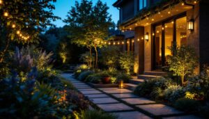 A photograph of a skilled lighting contractor installing stylish outdoor lighting fixtures in a beautifully landscaped garden during twilight