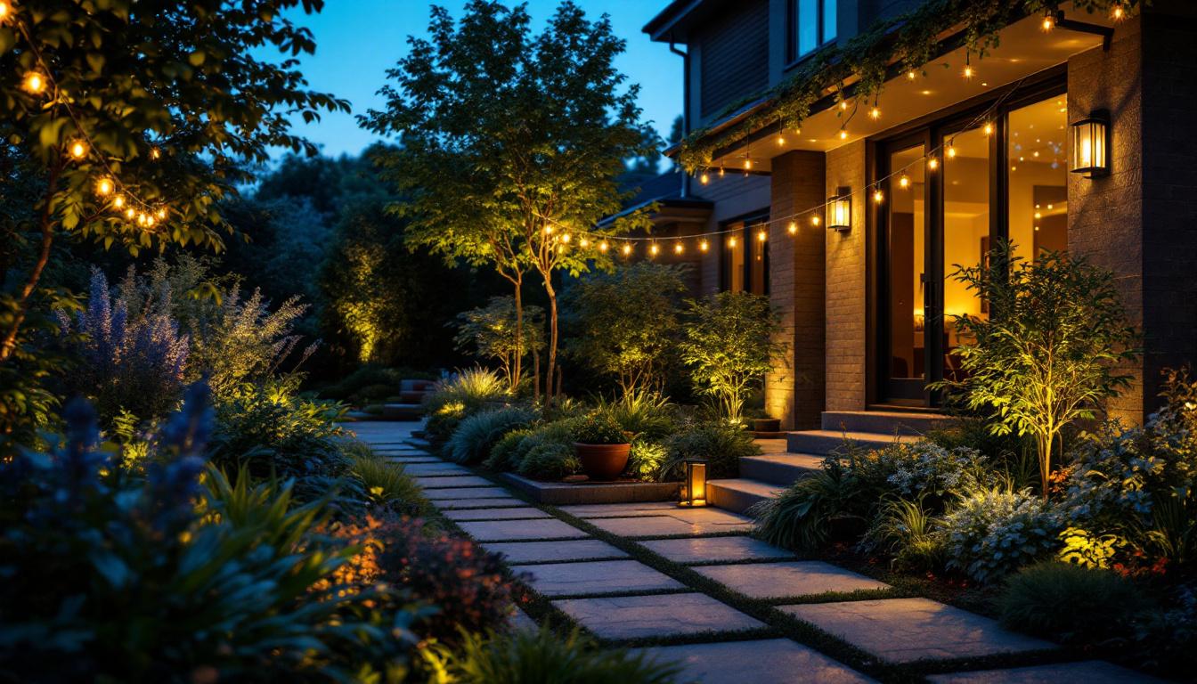 A photograph of a skilled lighting contractor installing stylish outdoor lighting fixtures in a beautifully landscaped garden during twilight