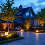 A photograph of a beautifully illuminated outdoor space at dusk featuring waterproof solar lights