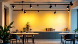 A photograph of a well-lit commercial space showcasing various styles of track lighting in action