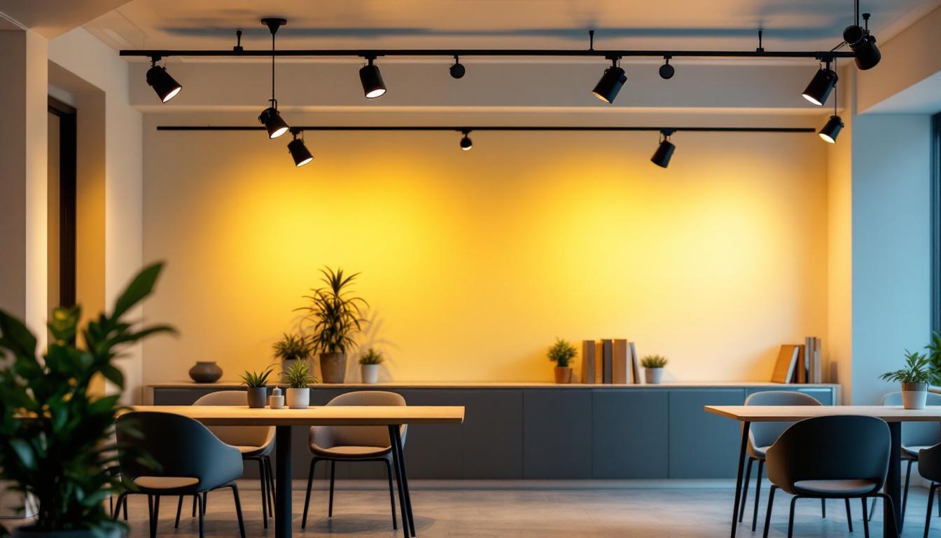 A photograph of a well-lit commercial space showcasing various styles of track lighting in action