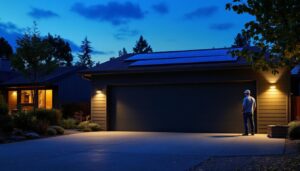 A photograph of a well-lit outdoor garage scene at dusk
