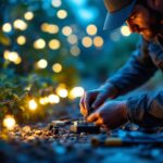 A photograph of a skilled lighting contractor working outdoors