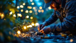 A photograph of a skilled lighting contractor working outdoors