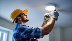 A photograph of a lighting contractor skillfully installing led can trims in a modern residential space