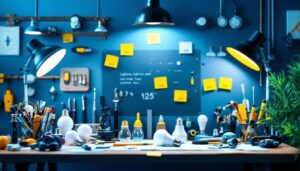 A photograph of a well-organized lighting contractor's workspace featuring a variety of light bulbs