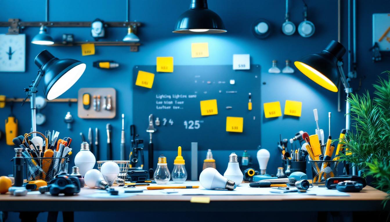 A photograph of a well-organized lighting contractor's workspace featuring a variety of light bulbs