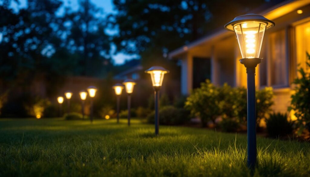 A photograph of a well-lit backyard featuring various solar lights in use