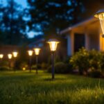 A photograph of a well-lit backyard featuring various solar lights in use